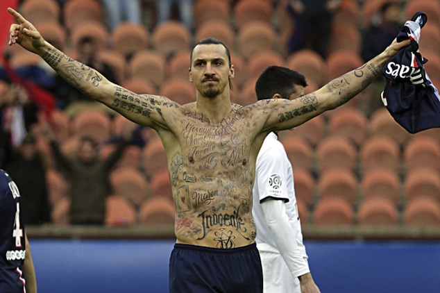 Ibra reveals his tattoos after scoring vs Caen